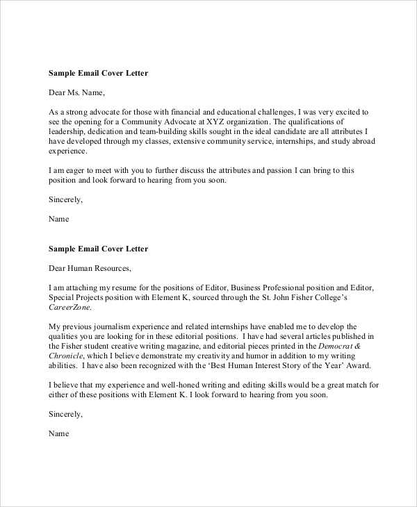 cover letter for resume on email