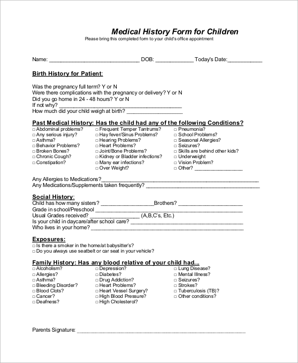 child medical history form