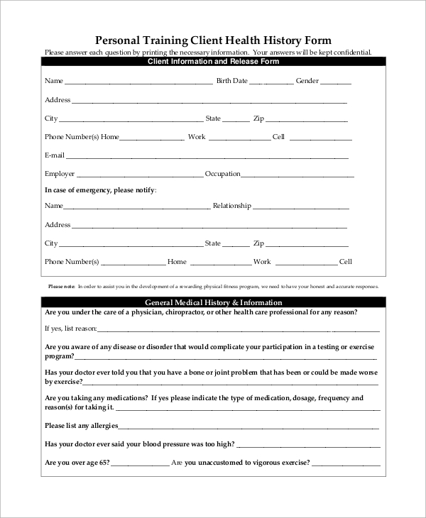 personal trainer client medical history form