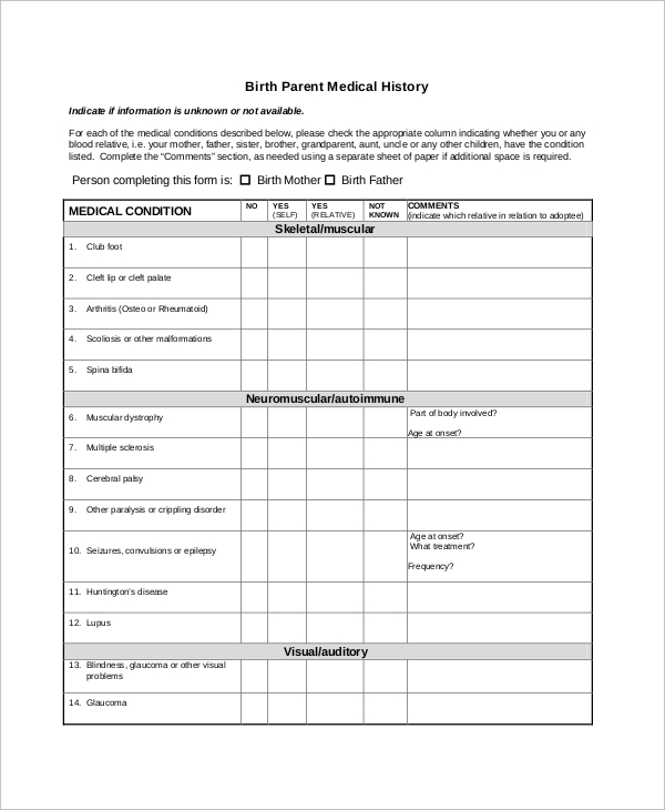 birth parent medical history form