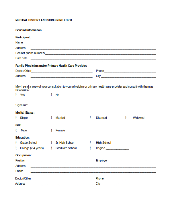 medical history and screening form
