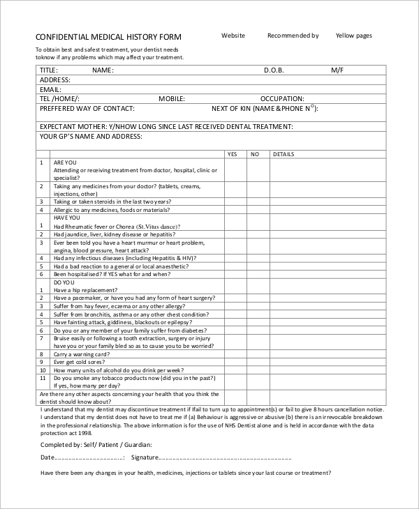 confidential medical history form