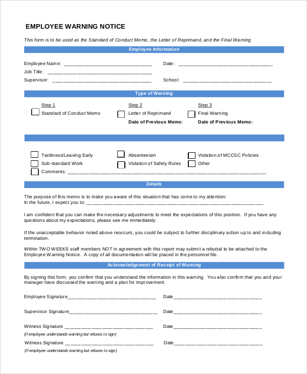 Printable Employee Warning Report Form - Printable Forms Free Online