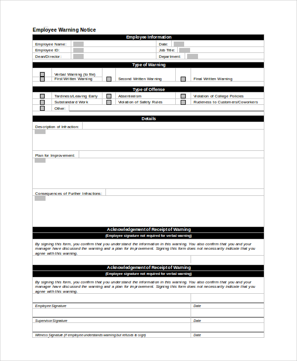 letter week notice template 2 word Samples Sample 9 Employee Templates Warning  Notice