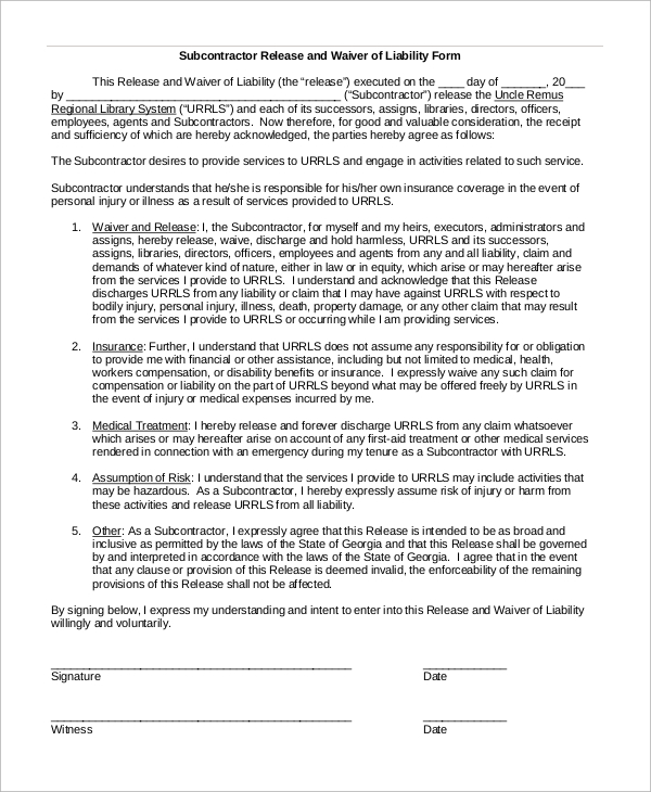 subcontractor liability waiver form