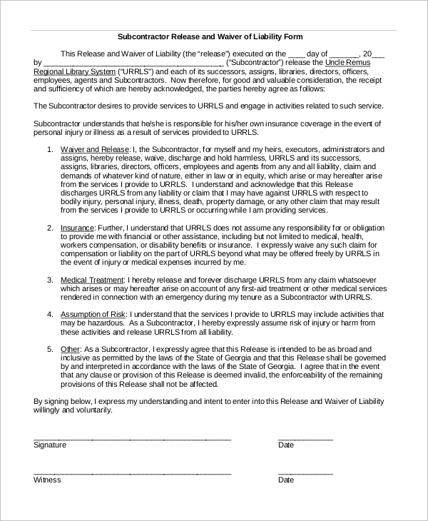 Free 10 Sample Liability Waiver Forms In Ms Word Pdf 6461