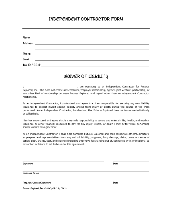 independent contractor liability waiver form