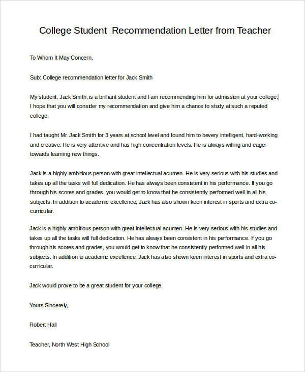 Student Recommendation Letter Template from images.sampletemplates.com