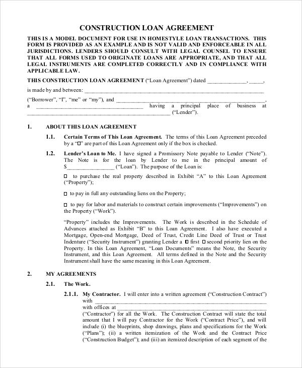 construction loan agreement form