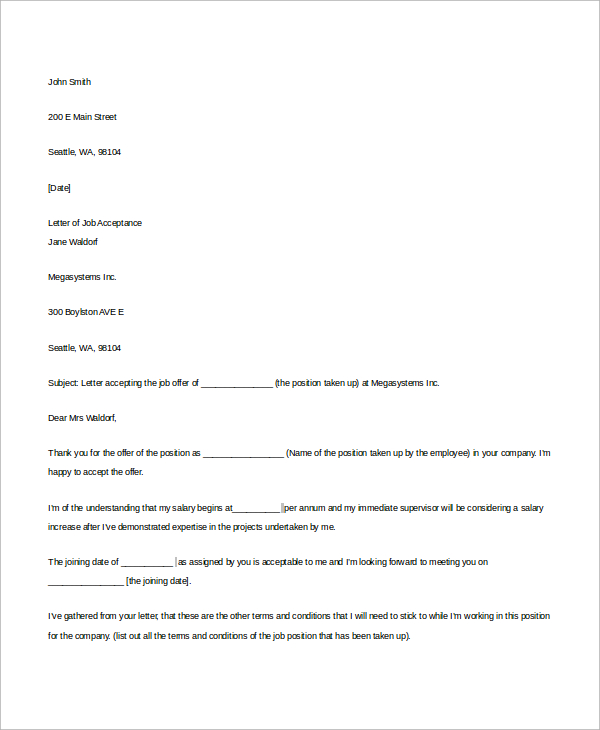 FREE 7 Sample Job Fer Acceptance Letter Templates In MS