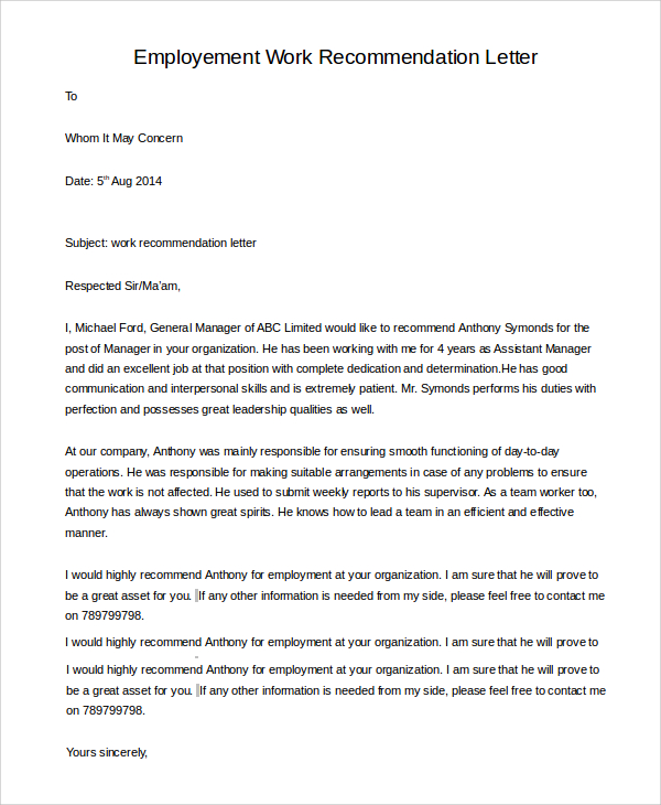 employment work recommendation letter