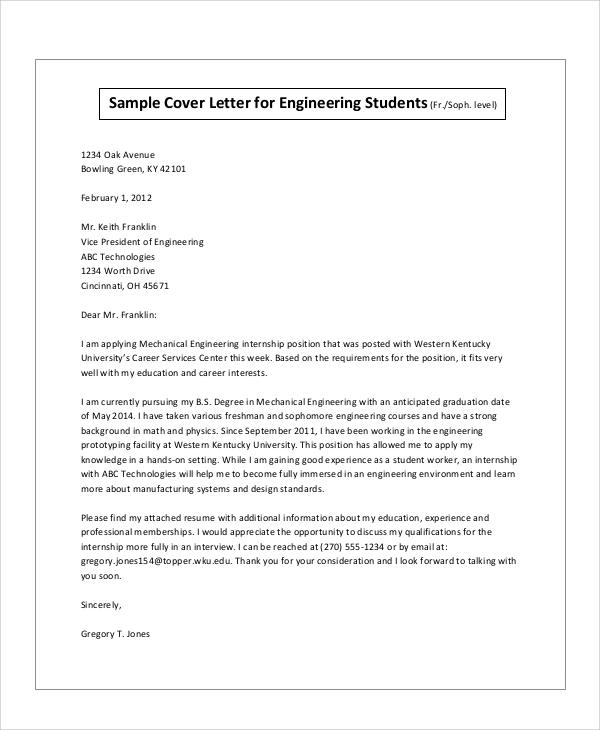 cover letter of engineering student