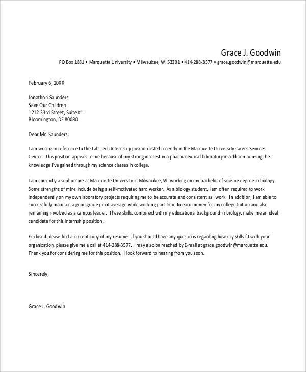 sample of application letter for an internship