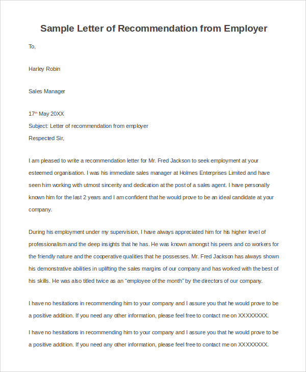 sample recommendation letter from employer
