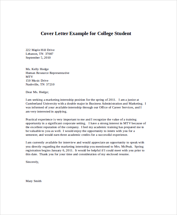 college cover letter sample