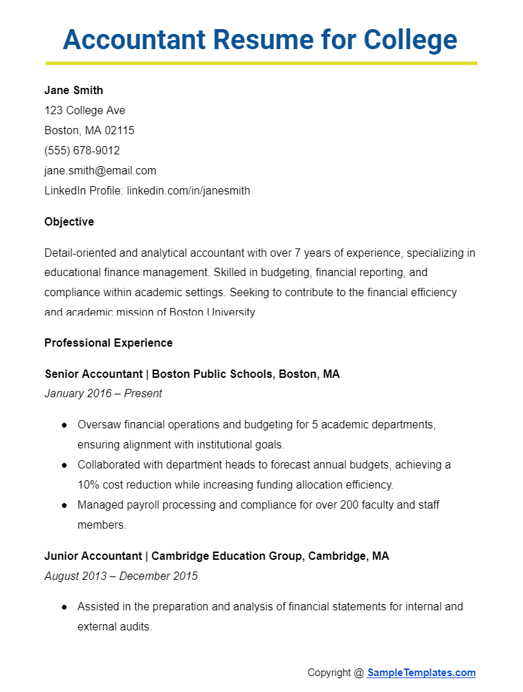 accountant resume for college