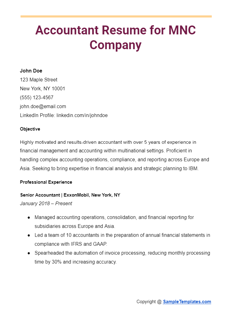 accountant resume for mnc company