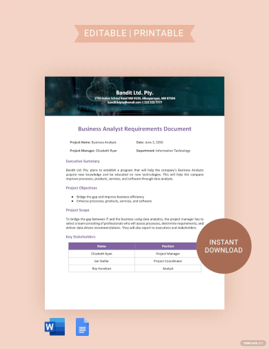 business analyst requirements document template