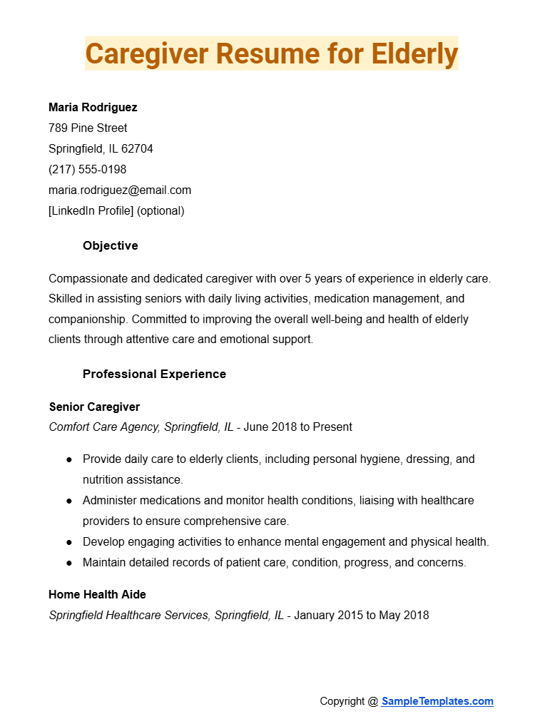 caregiver resume for elderly