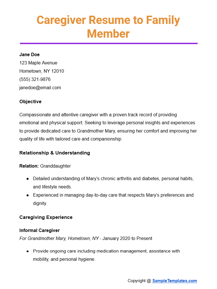 caregiver resume to family member