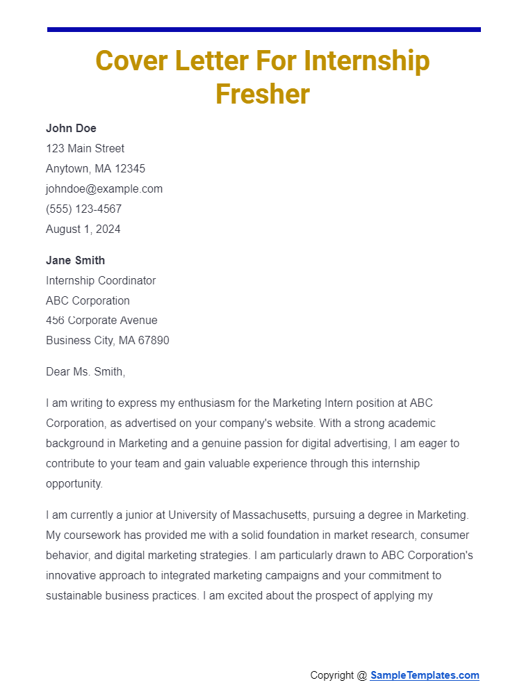 cover letter for internship fresher