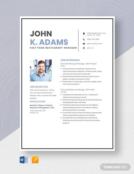 fast food restaurant manager resume template