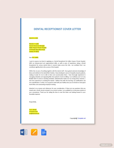 free dental receptionist cover letter template