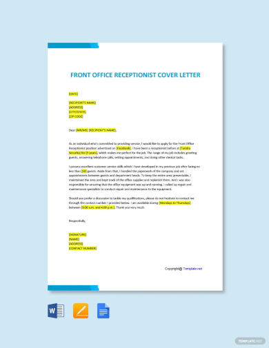 free front office receptionist cover letter template