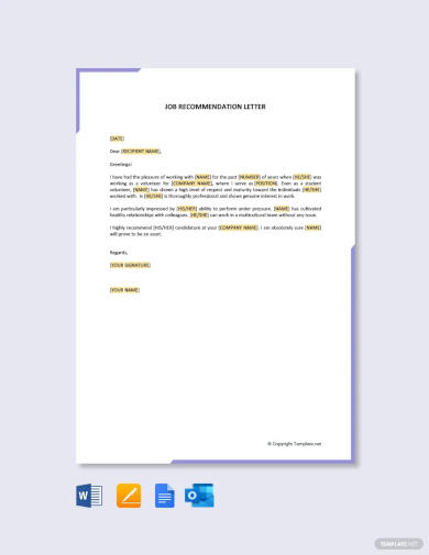 free job recommendation letter for student template