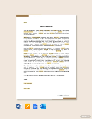 free leadership recommendation letter for school student template