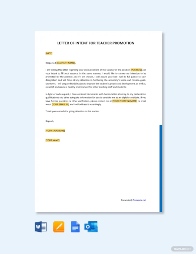 free letter of intent for teacher promotion template