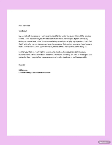 free letter of complaint against supervisor template