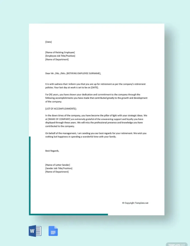 free retirement letter to employee from employer template