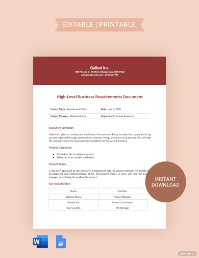 high level business requirements document template