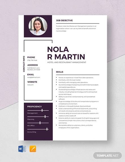 hotel and restaurant management resume template