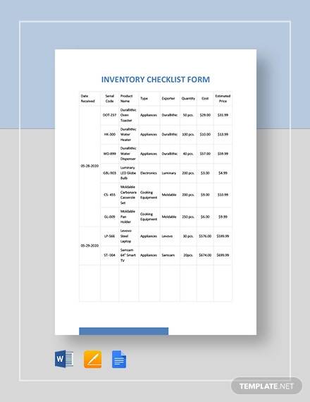 inventory checklist form template