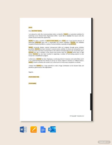 leadership recommendation letter for student template