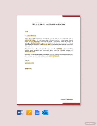 letter of intent for college application template