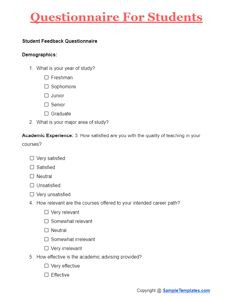 questionnaire for students