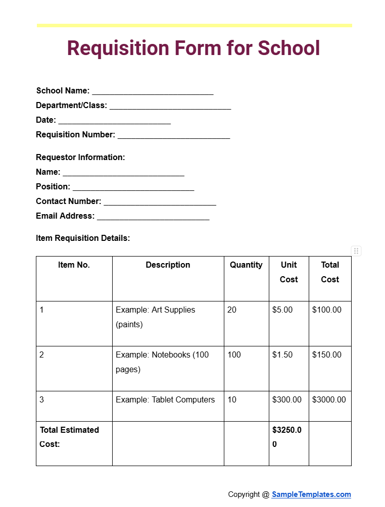 requisition form for school