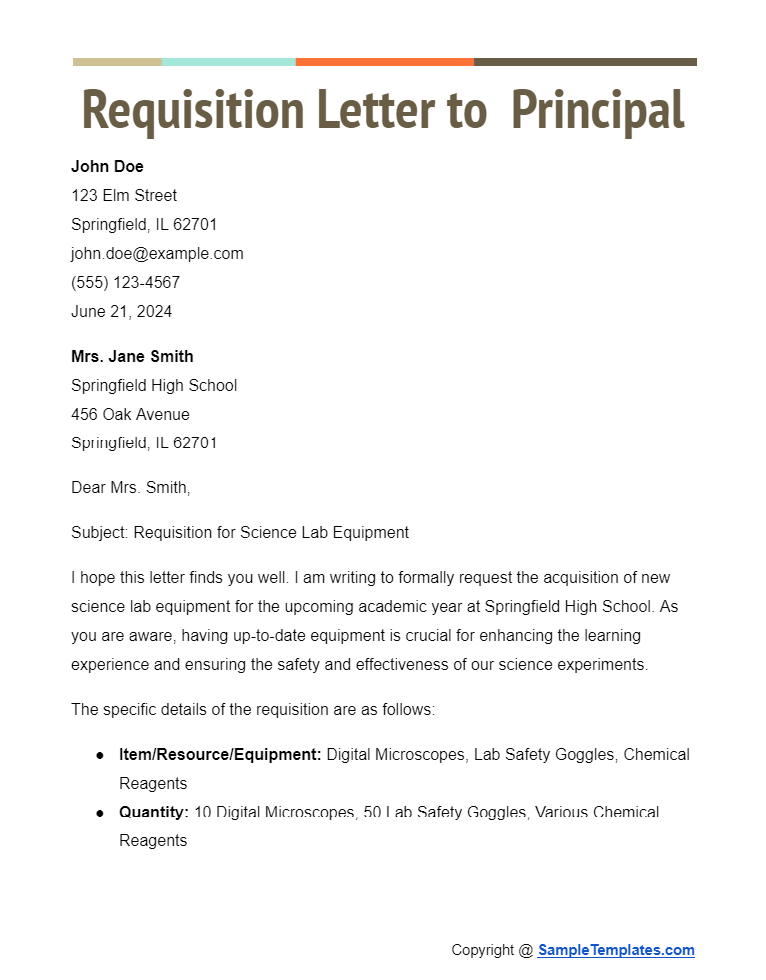 requisition letter to principal