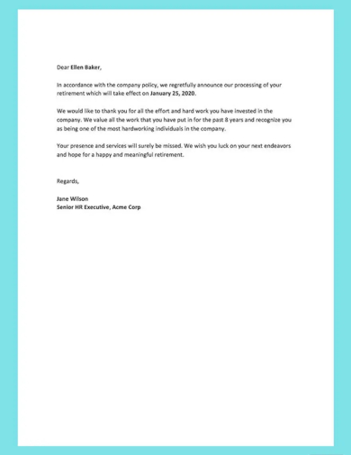 retirement letter to employee template