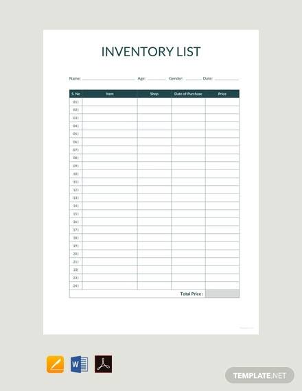 sample inventory list