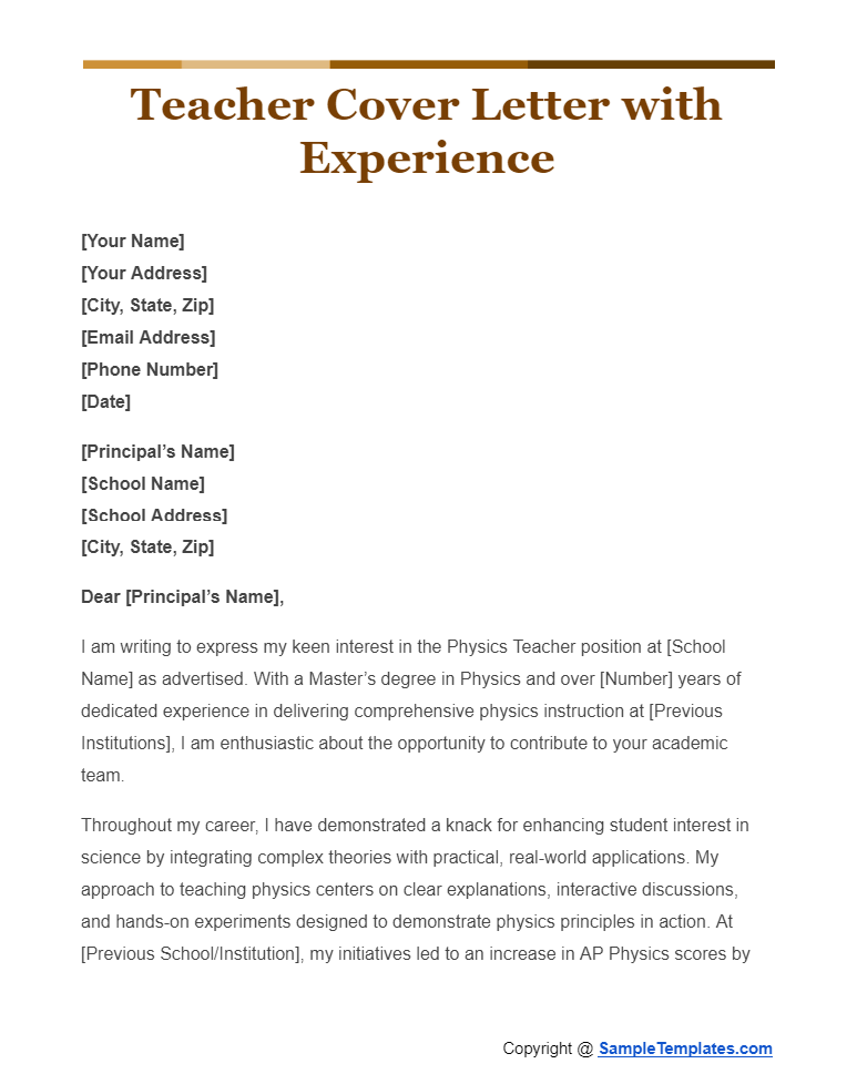 teacher cover letter with experience