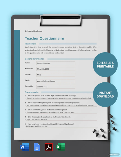 teacher questionnaire template