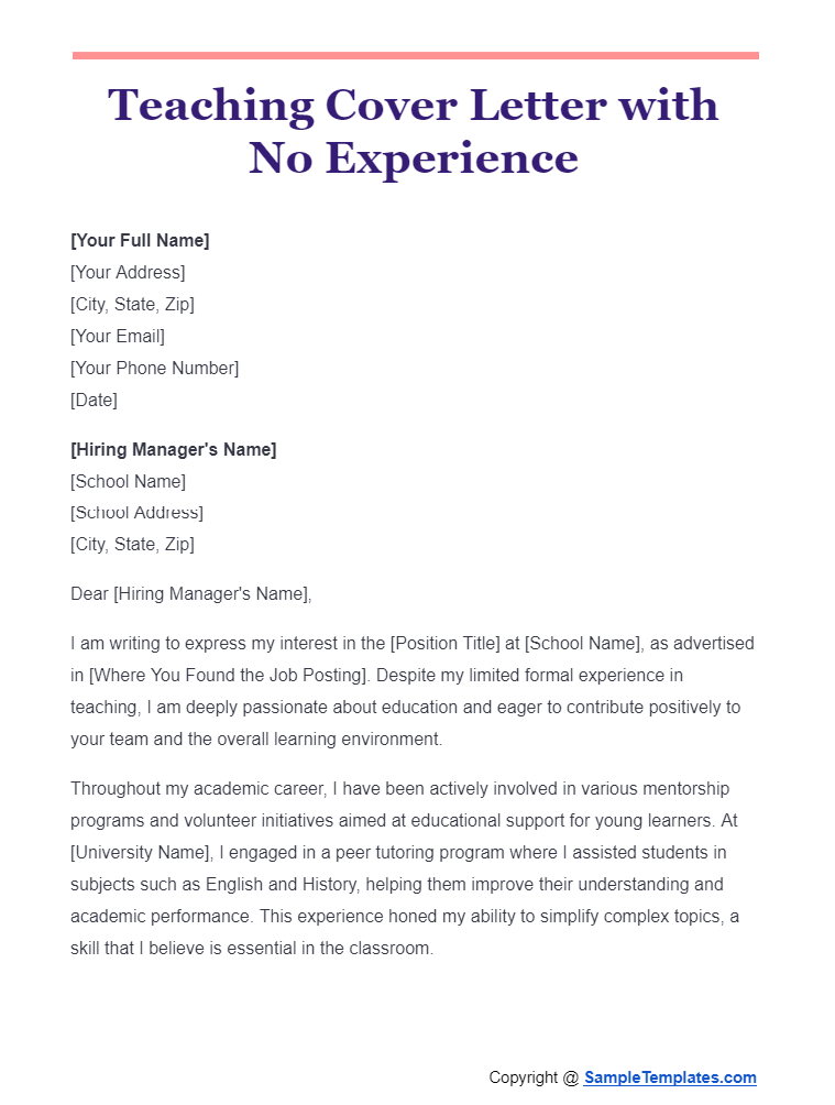 teaching cover letter with no experience