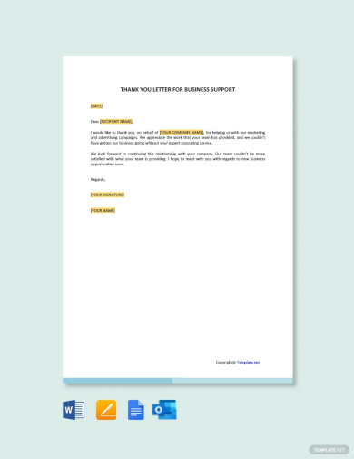 thank you letter for business support template