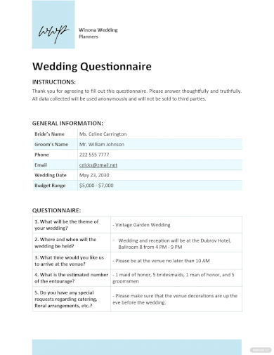 wedding questionnaire template