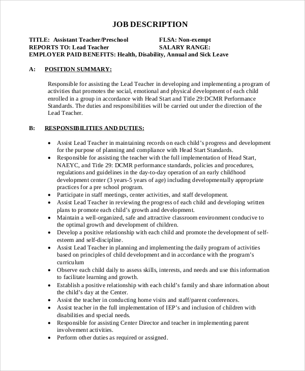 FREE 12+ Sample Teacher Job Description Templates in MS Word PDF