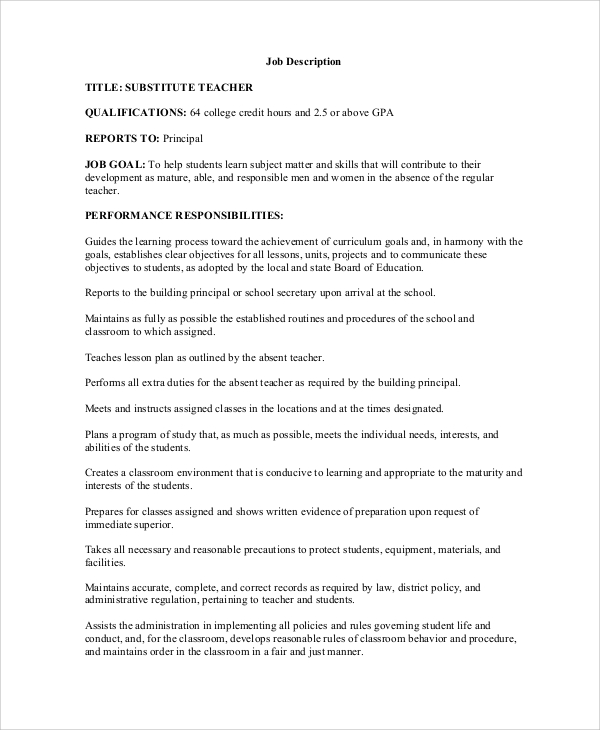 12+ Teacher Job Description Samples  Sample Templates